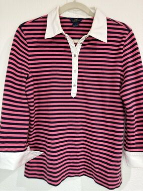 Brooks Brothers Pink and Black Striped Button-Down Polo